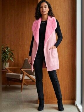 12th Love Pink Sleeveless Open Front Faux Shearling Suede Knit Long Vest Size S